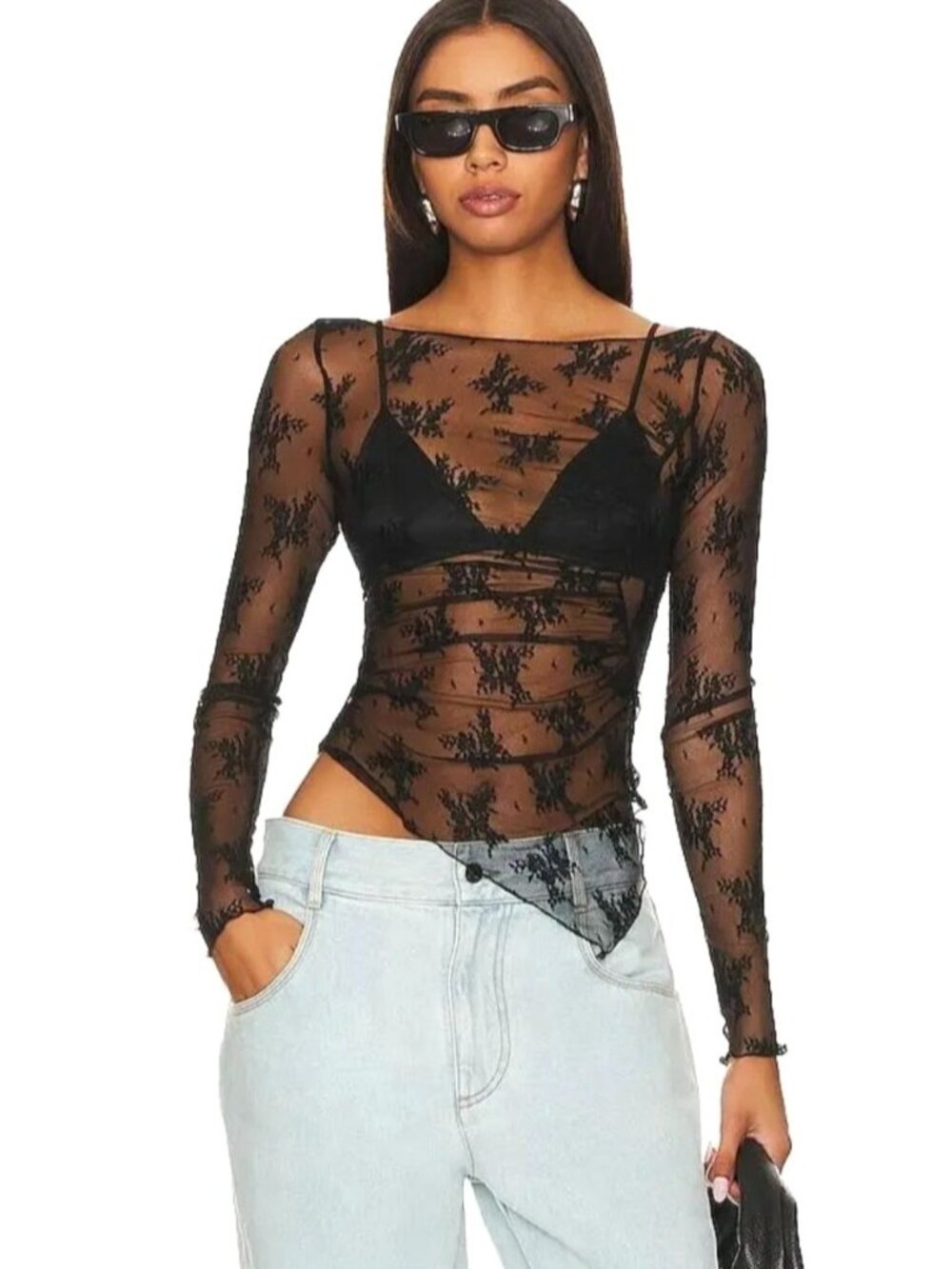 Free People Intimately FP Full Bloom Top M Long Sleeve Floral Lace Sheer Black